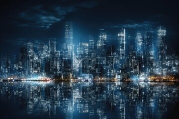 cityscape at nighttime with its reflection on the water surface. Generative AI