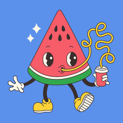 Hand draw Funny Retro vintage trendy style watermelon cartoon character illustration. Doodle Comic collection