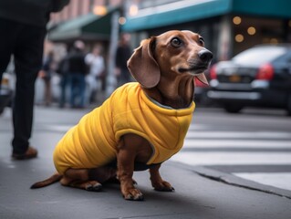 A dog wear a hot dog costume