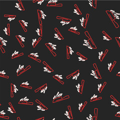 Line Bloody knife icon isolated seamless pattern on black background. Cutlery symbol. Happy Halloween party. Vector