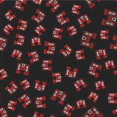 Line Castle icon isolated seamless pattern on black background. Medieval fortress with a tower. Protection from enemies. Reliability and defense of the city. Vector