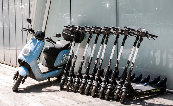 July 14, 2022 Tbilisi, Georgia - Electric scooters are parked in the city center. Business of rental  transport .