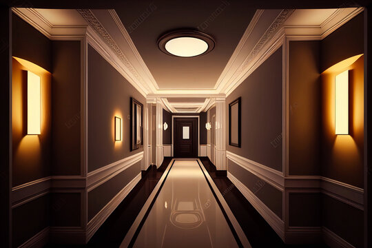  cartoon hallway, corridor with many doors - college, university or office building. The bright place with illumination from electric lamps. Interior concept, architecture background.  Generative AI