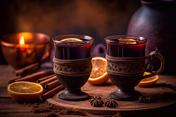 Mulled wine with glass of drink and ingredients. Vintage drawn  Generative AI
