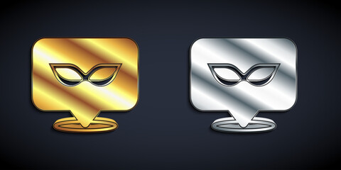 Gold and silver Carnival mask icon isolated on black background. Masquerade party mask. Long shadow style. Vector