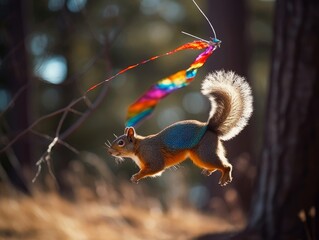 Naklejka premium A squirrel flying a kite