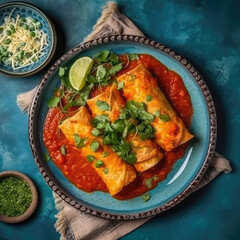 Enchiladas Suizas On A Blue Abstraction Round Plate On Isolated Transparent Background Mexican Food. Generative AI