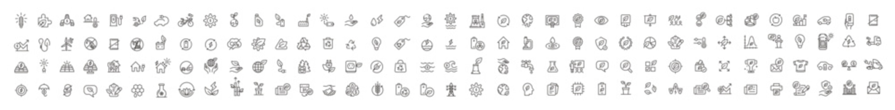 A set of vector icons on the theme of renewable energy, including symbols for solar power, wind turbines, hydroelectric dams, geothermal sources, biomass plants, energy efficiency, electric vehicles, 