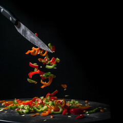 Fototapeta na wymiar Appetizing green and red pieces of sweet paprika peppers in the air on a black background, a beautiful creative food background for advertising vegetables on the package, ai generative