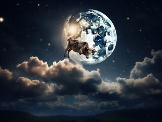 A cow jumping over the moon