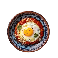 Huevos A La Mexicana On A Blue Abstraction Round Plate On Isolated Transparent Background Mexican Food. Generative AI