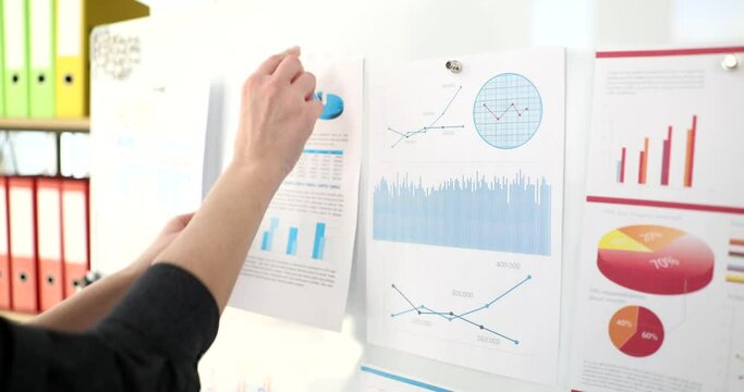 A business woman hangs documents for flipchart, a close-up. Schedule reports and digrams, slowmotion