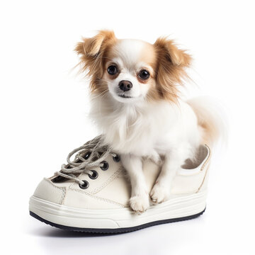 Little cute chihuahua dog sits in a boot on a white background close-up, funny photo with a pet, ai generative