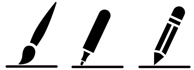 Set of pencils, pens and brushes. Black and White line art style, editable vector file on transparent background.