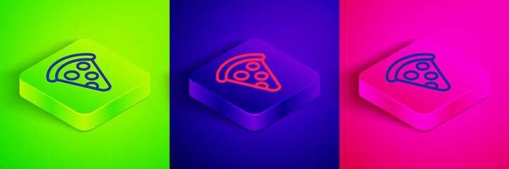 Isometric line Slice of pizza icon isolated on green, blue and pink background. Fast food menu. Square button. Vector