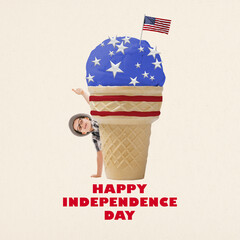 Little smiling boy, child peeking out ice cream with american flag, celebrating independence day. Happiness. Contemporary art. Concept of american culture, history, patriotism, holiday, 4th of july