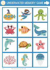 Fototapeta premium Vector under the sea memory game cards with cute octopus, fish, submarine, dolphin. Ocean life matching activity. Remember and find correct card. Simple printable worksheet for kids