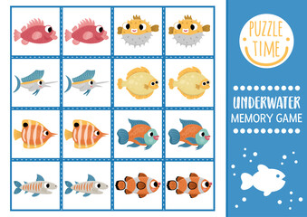 Vector under the sea memory game cards with cute fishes. Ocean life matching activity. Remember and find correct card. Simple printable worksheet for kids with flounder, grouper, blowfish, shark.