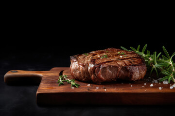 Steak on a cutting board with a dark background with Rosemary Generative AI