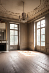 Obraz premium Large empty room with large windows and a fireplace with wooden floors Generative AI