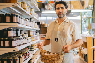 Middle-aged Latin man wearing an apron with a wicker basket in his hands looking at the camera....