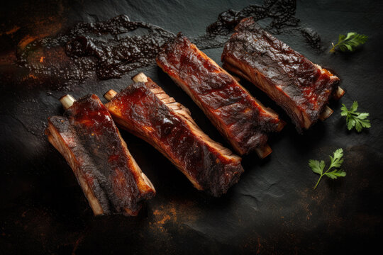 Cut Up BBQ Ribs Overhead Shot Dark Background Generative AI