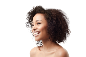 Biracial woman, beauty and happy isolated on a transparent, png background for skincare, dermatology and happiness. Young person or model thinking or vision for natural cosmetics and skin shine