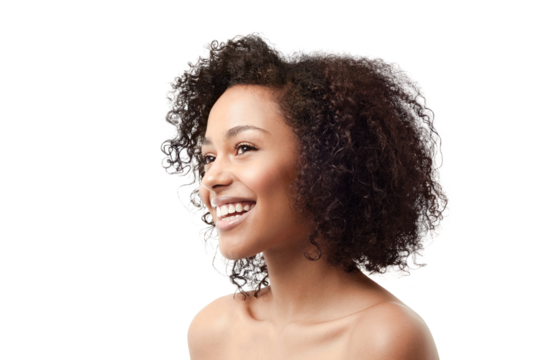 Biracial woman, beauty and happy isolated on a transparent, png background for skincare, dermatology and happiness. Young person or model thinking or vision for natural cosmetics and skin shine - Powered by Adobe