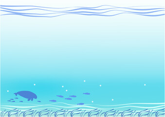 Blue sea background. Silhouettes of a dugong and a school of young fish swimming over an eelgrass bed.