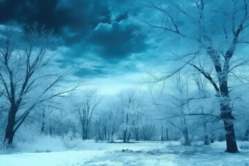 serene winter wonderland with snow-covered trees and cloudy skies. Generative AI