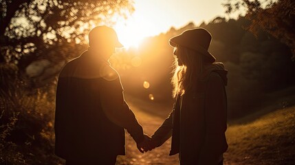 Two people in love holding hands together as they walk in nature with the sunset in the background, Generative AI