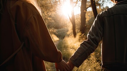 Fototapeta premium Two people in love holding hands together as they walk in nature with the sunset in the background, Generative AI