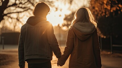 Two people in love holding hands together as they walk in nature with the sunset in the background, Generative AI