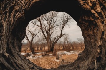 tree with a damaged bark and a hole visible. Generative AI