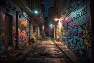 "Graffiti-Covered Urban Alleyway with Dim Lighting" Generative AI