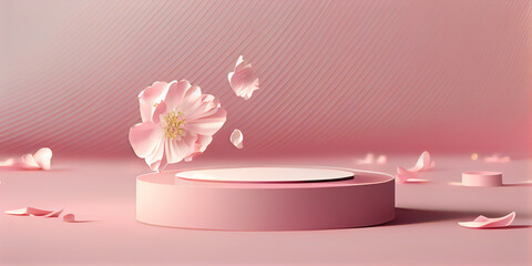 Beauty product promotion background with pedestal and sakura flowers. Cosmetic product presentation, 3d illustration 