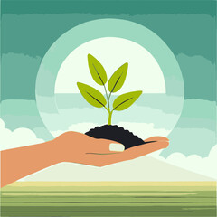 Fototapeta na wymiar Hands holding a sprout. Eco sprout in hands. Ecological concept. Small tree in the trees vector illustration.