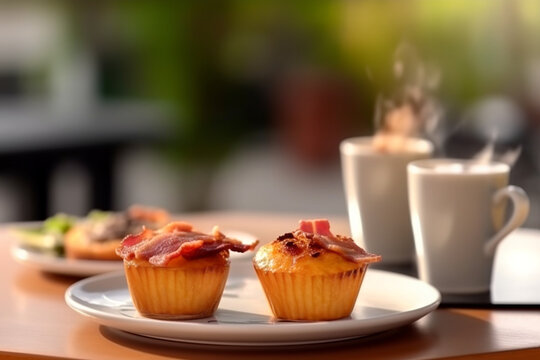 Breakfast bacon muffin served on a table with coffee in outdoor cafe. Homemade baked muffins with bacon and cinnamon. AI generated image