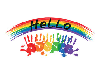 Obraz premium Rainbow Hands Print Lgbt Gay With Word Hello Text Lettering In Rainbow Colors. Illustration, Poster, Vector, Tshirt, Background or wallpaper. 