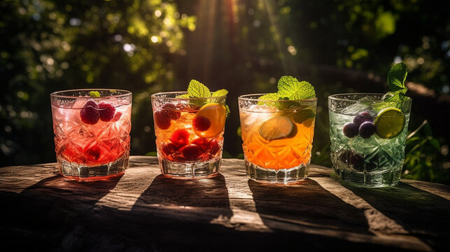 A photo of summer cocktails on a nature background showc, Generative AI