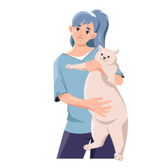 A happy girl holds a cute fat cat in her arms. Portrait of a pet owner. Vector illustration in cartoon style isolated on white background