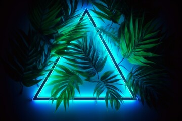 Fototapeta na wymiar Tropical Leaves Illuminated with Blue and Green Fluorescent Light. Nature Environment with Triangle shaped Neon Frame. Generative AI