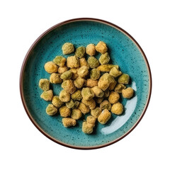 Fried Okra On Blue Smooth Round Plate On Isolated Transparent Background U.S. Dish. Generative AI
