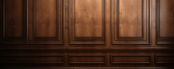 Luxury wood paneling background or texture. highly crafted classic / traditional wood paneling, with a frame pattern, often seen in courtrooms, premium hotels, and law offices. Generative AI.