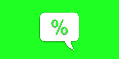 Light green percent sign on white message board. Interest withdrawal signal. Discount notifications. Message on a Light green background. Horizontal image. 3D image. 3D rendering.