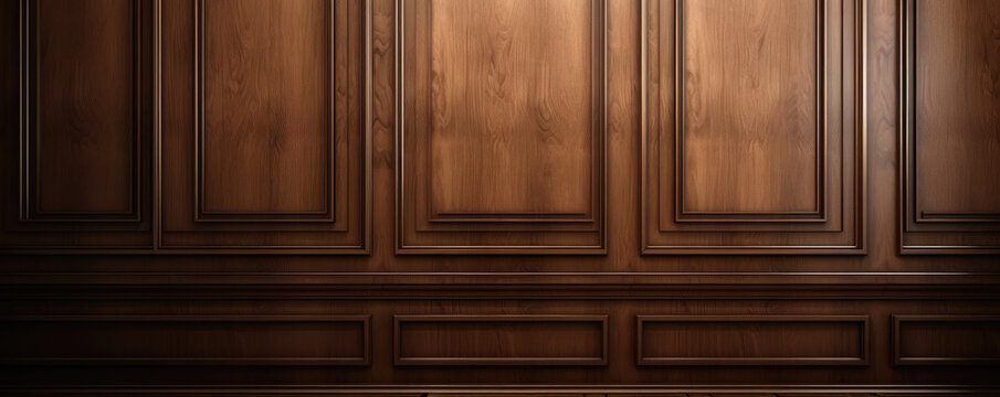 Luxury wood paneling background or texture. highly crafted classic / traditional wood paneling, with a frame pattern, often seen in courtrooms, premium hotels, and law offices. Generative AI.