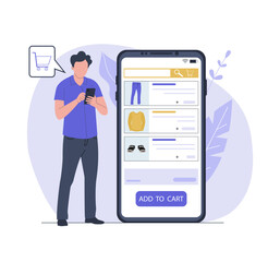 Man ordering clothes in online store via smartphone. Vector illustration.