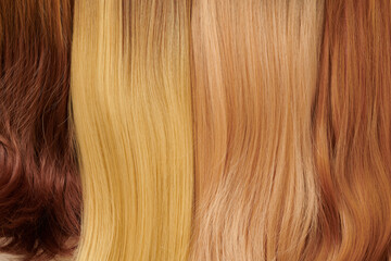 Close-up texture colored hair set. Toned different shades of strands background