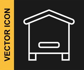 White line Hive for bees icon isolated on black background. Beehive symbol. Apiary and beekeeping. Sweet natural food. Vector