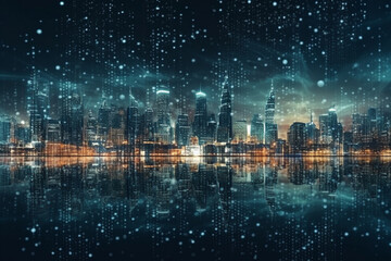 Smart city and big data network connection. capital large business district skyscrapers with abstract dots connect in complex undulating pattern Concept of modern technology and business generative AI